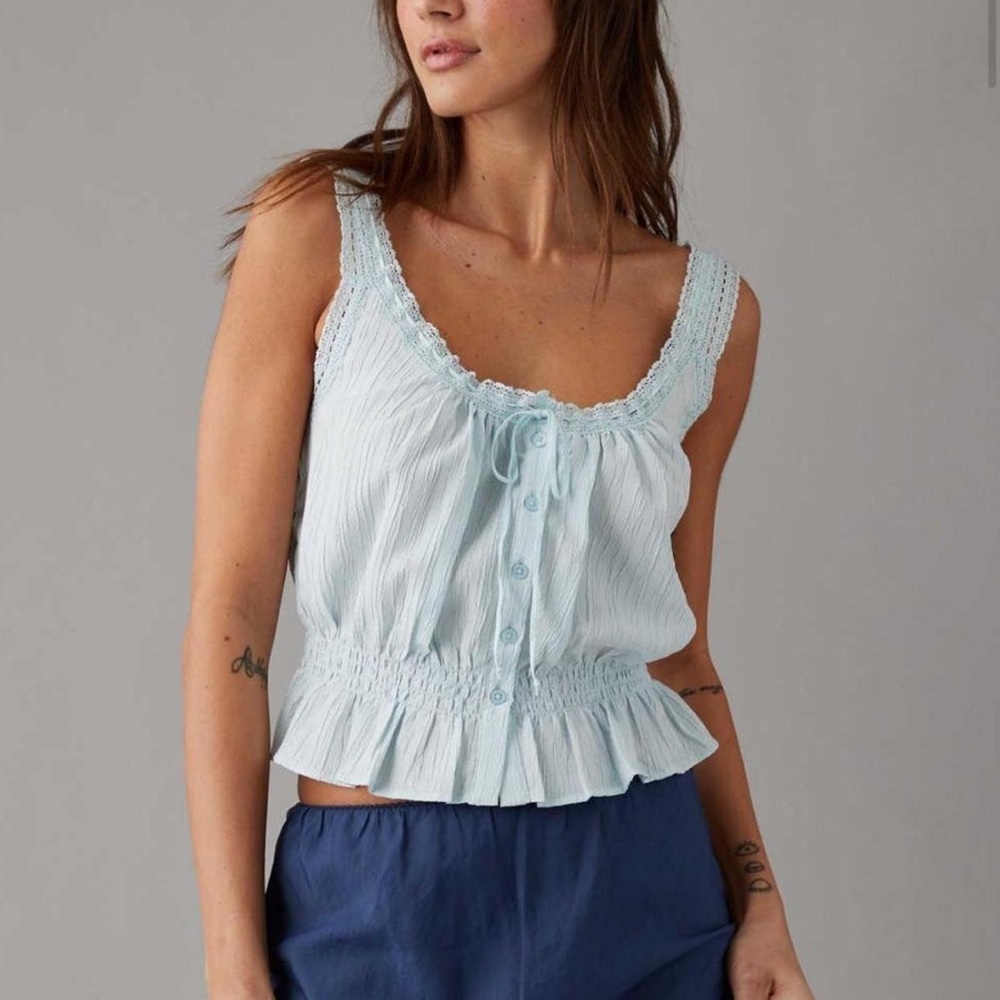 Light Blue Lace-Trim Sleeveless Smocked Peplum Top